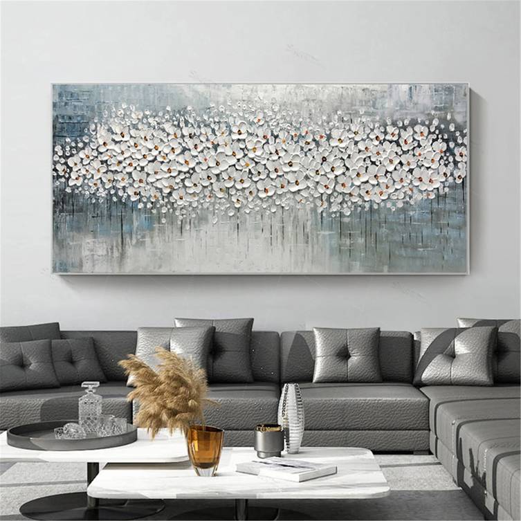Blue Hand-painted Room Flower Grey Abstract Canvas Artwork 15V6S